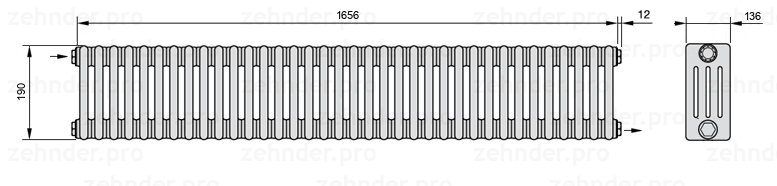 Схема (чертеж) Радиатор Zehnder Charleston 4019/36 №1670 Белый глянцевый RAL 9016